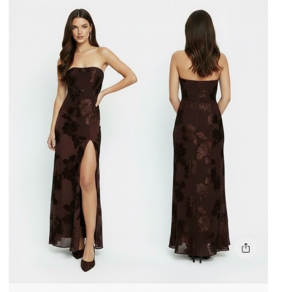 Princess Polly Chocolate Brown Floral Embroidered Strapless Maxi Dress US 2